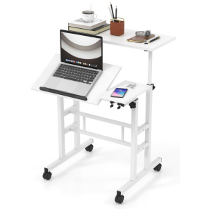 Mobile Stand-up Computer Desk Adjustable with 2 Tilting Desktops-White