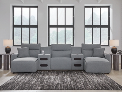 ModMax II 5-Piece Next-Gen Nuvella™ Performance Fabric Dual Power Reclining Modular Sectional with Double Chaise and Audio Consoles, Salt and Pepper