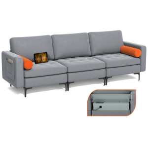 Modular 3-Seat Sofa Couch with Socket USB Ports and Side Storage Pocket-Gray