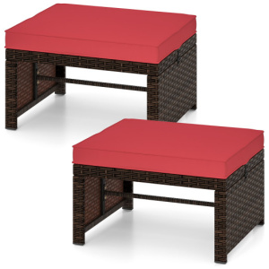 Multipurpose Outdoor 2 Pieces Patio PE Rattan Ottomans Footstool-Red