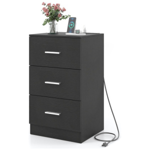Nightstand with Charging Station End Table with 3 Storage Drawers Bedside Table for Bedroom-Black