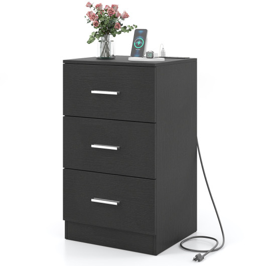 Nightstand with Charging Station End Table with 3 Storage Drawers Bedside Table for Bedroom-Black
