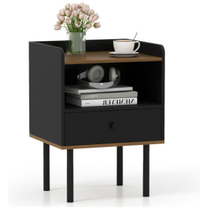 Nightstand with Drawer 3-Tier Sofa Side Table with Open Storage Shelf-Black