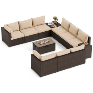 Outdoor PE Rattan Conversation Set with 32" Propane Fire Pit Table and Tank Holder-Beige