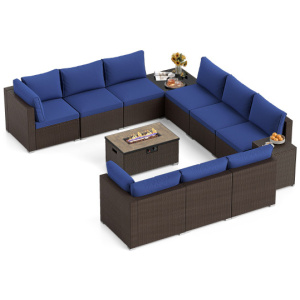 Outdoor PE Rattan Conversation Set with 32" Propane Fire Pit Table and Tank Holder-Navy