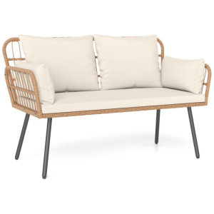 Outdoor Rattan 2-Seat Chair with Seat Back Cushions and Heavy-Duty Metal Legs-White