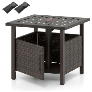 Outdoor Side Table with 1.93" Umbrella Hole All-Weather PE Wicker Patio Umbrella Table-Brown