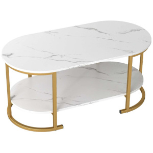 Oval Coffee Table 2-Tier Wooden Accent Table with Spacious Tabletop and Open Storage Shelf-White