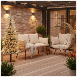 Oversized Rattan Egg Lounge Chair & 2-Seat Rattan Sofa with Cushions