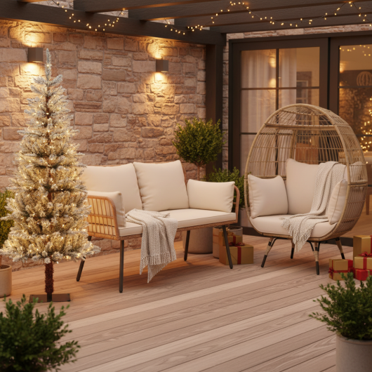 Oversized Rattan Egg Lounge Chair & 2-Seat Rattan Sofa with Cushions