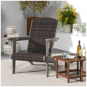 Patio Adirondack Chair with Rattan Padded Seat and Hidden Cupholder-Gray