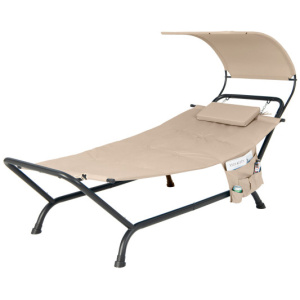 Patio Hanging Chaise Lounge Chair with Canopy Cushion Pillow and Storage Bag-Beige