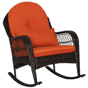 Patio Rattan Rocking Chair with Seat Back Cushions and Waist Pillow-Red