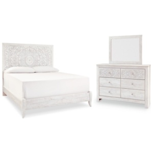 Paxberry King Panel Bed with Mirrored Dresser, Whitewash