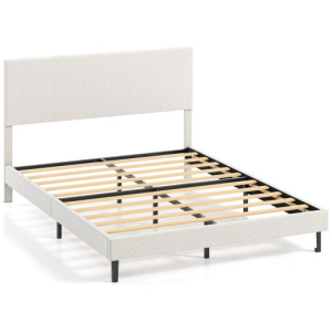 Queen Size Velvet Bed Frame Upholstered Platform Bed with Chevron Headboard Beige