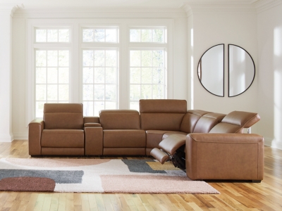Rally-Up 6-Piece Dual Power Leather Reclining Modular Sectional with Console Leather, Caramel