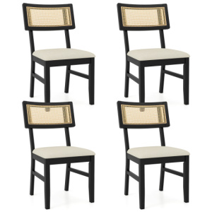 Rattan Dining Chairs Set of 4 Fabric Upholstered Kitchen Chairs with Padded Seat and Rubber Wood Legs-Black