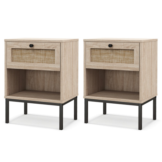 Rattan Nightstand Boho End Table with Rattan Drawer and Open Shelf Set of 2-Oak