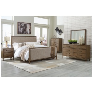 Roanhowe King Upholstered Bed with Mirrored Dresser, Chest and 2 Nightstands, Brown