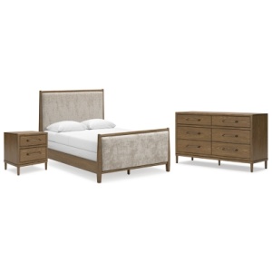 Roanhowe Queen Upholstered Bed with Dresser and Nightstand, Brown