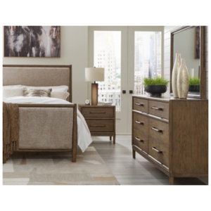 Roanhowe Queen Upholstered Bed with Mirrored Dresser and Nightstand, Brown