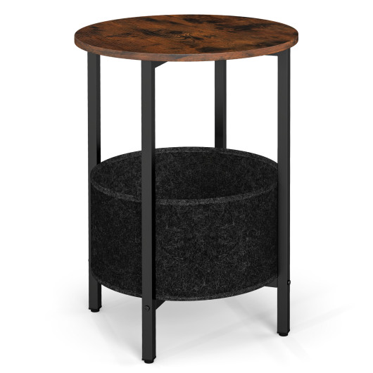 Round End Table 2-Tier Side Table with Removable Fabric Basket and Metal Frame-Rustic Brown