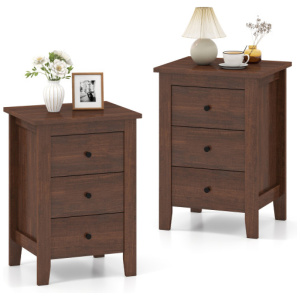 Set of 2 Nightstand End Beside Table Drawers-Walnut