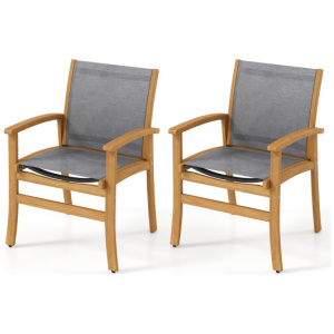 Set of 2 Patio Dining Chairs with Breathable Fabric and Acacia Wood Frame
