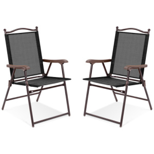 Set of 2 Patio Folding Sling Back Camping Deck Chairs-Brown