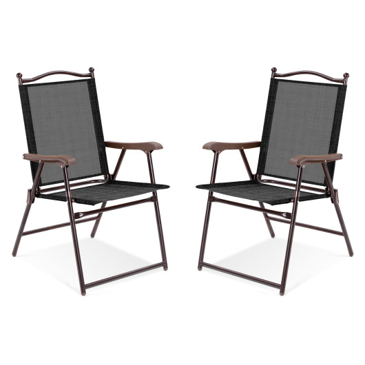 Set of 2 Patio Folding Sling Back Camping Deck Chairs-Brown