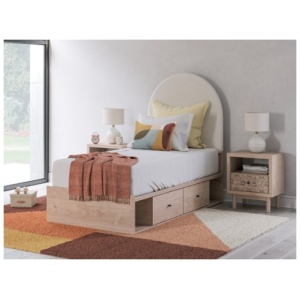 Shapella Twin Upholstered Panel Bed with Storage, Tan/White