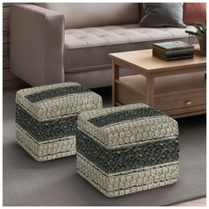 Simpli Home Grady Pouf, Green/Natural