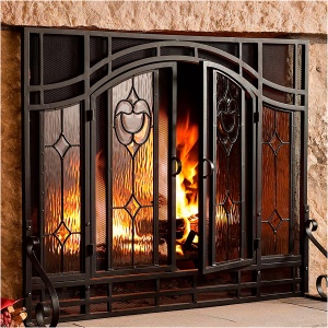 Small Two-Door Fireplace Screen with Glass Floral Panels