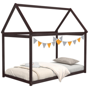 Stable Kids Platform Floor Bed with Roof and Heavy-Duty Slats-Espresso