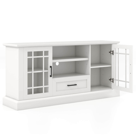 TV Stand for TVs up to 70 with Glass Doors Cubbies and Drawer-White