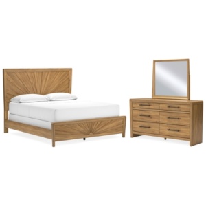Takston California King Panel Bed with Mirrored Dresser, Light Brown