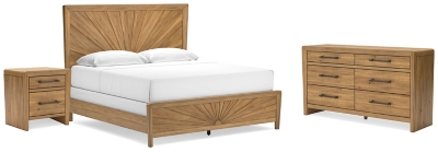 Takston King Panel Bed with Dresser and Nightstand, Light Brown