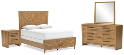 Takston Queen Panel Bed with Mirrored Dresser and Nightstand, Light Brown