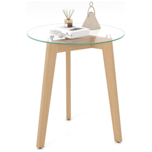 Tempered Glass End Table Round with Solid Rubber Wood Structure-1 Piece