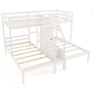 Twin Over Twin and Twin Bunk Bed with Storage Staircase and Guardrail for 3 Kids Teens-White