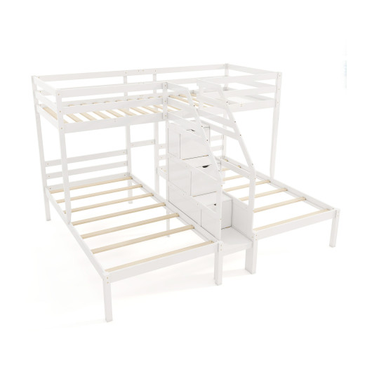 Twin Over Twin and Twin Bunk Bed with Storage Staircase and Guardrail for 3 Kids Teens-White