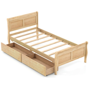 Twin Size Sleigh Bed with 2 Storage Drawers Wood Platform Bed Frame-Natural