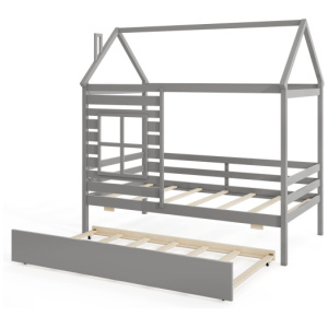 Twin Size Wooden Platform House Bed with Trundle and Roof-Grey