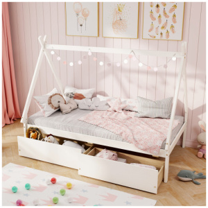 Twin Size Wooden Tent Platform House Bed with 2 Drawers-White