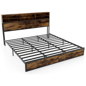 Twin/Full/Queen/King Size Bed Frame with Storage Headboard Industrial Metal Platform Bed-King Size