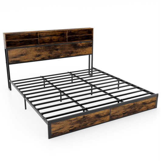 Twin/Full/Queen/King Size Bed Frame with Storage Headboard Industrial Metal Platform Bed-King Size
