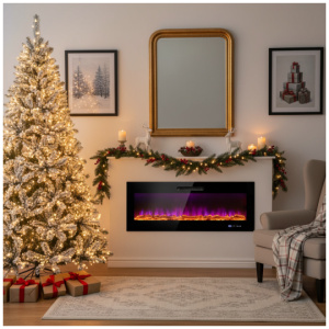 Ultimate Holiday Décor Suite: Pre-Lit Snow Flocked Christmas Tree & 50" Recessed Electric Fireplace Set