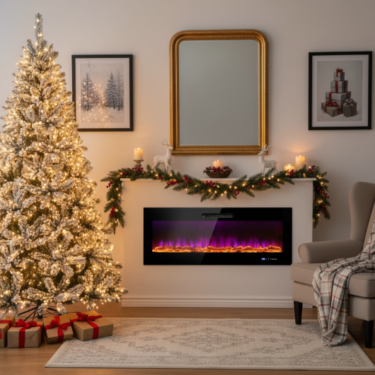 Ultimate Holiday Décor Suite: Pre-Lit Snow Flocked Christmas Tree & 50" Recessed Electric Fireplace Set