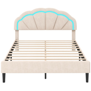 Upholstered LED Bed Frame with Adjustable Flower Headboard and Metal Support Feet-Queen Size