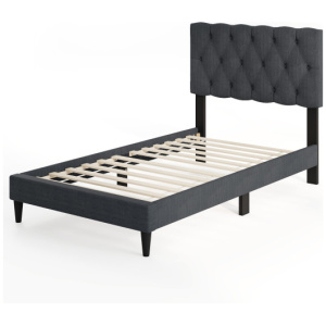 Upholstered Platform Bed with Tufted Headboard and Wooden Slats Gray-Twin Size